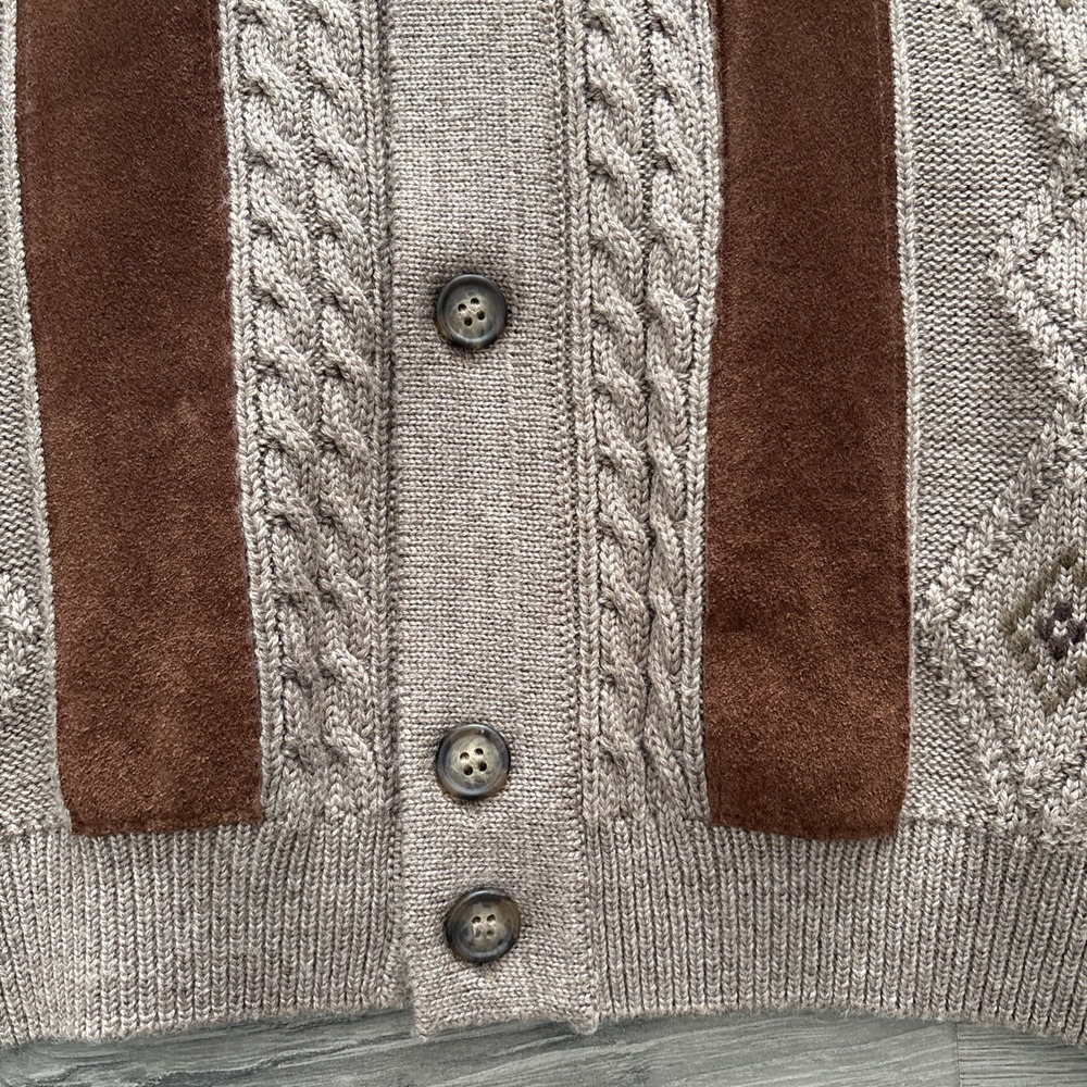 VTG Norm Thompson Mens L Cosby Leather Wool Cable Knit Cardigan Sweater Italy - Picture 2 of 16